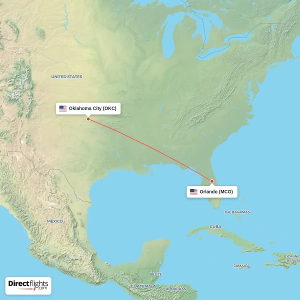 Oklahoma City - Orlando direct flight map