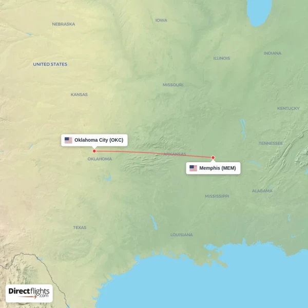 Oklahoma City - Memphis direct flight map