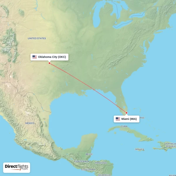Oklahoma City - Miami direct flight map
