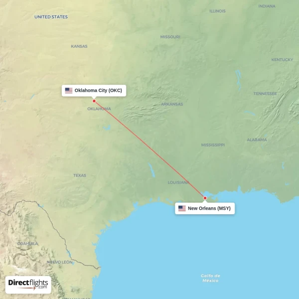Oklahoma City - New Orleans direct flight map