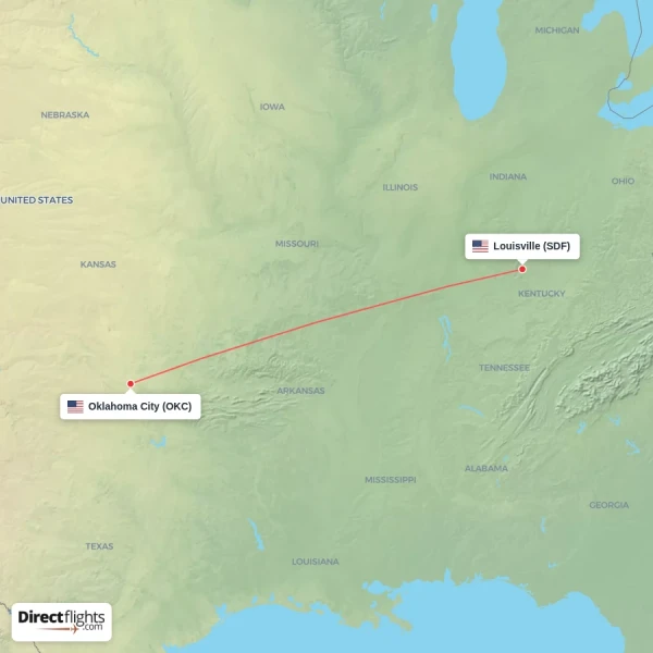 Oklahoma City - Louisville direct flight map