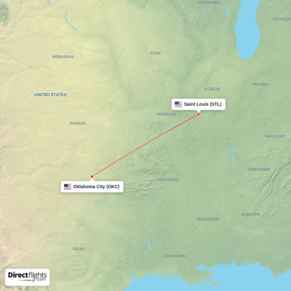 Oklahoma City - Saint Louis direct flight map