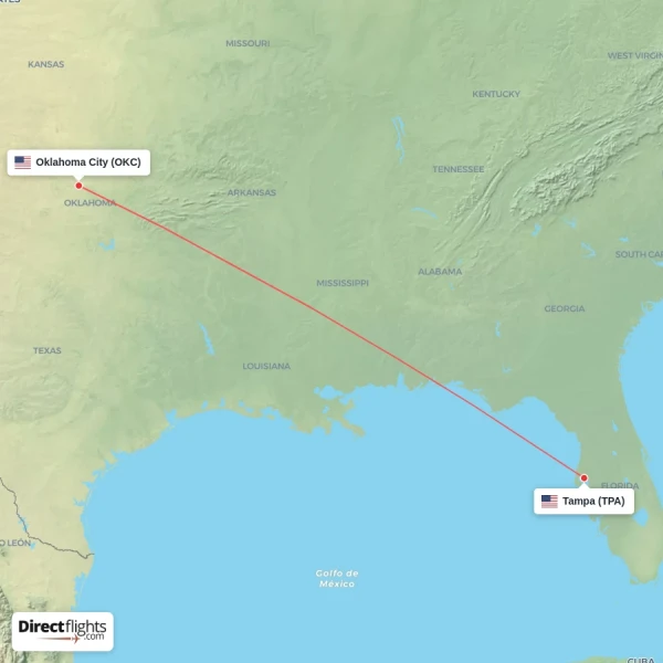 Oklahoma City - Tampa direct flight map