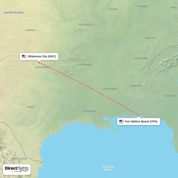 Oklahoma City - Fort Walton Beach direct flight map