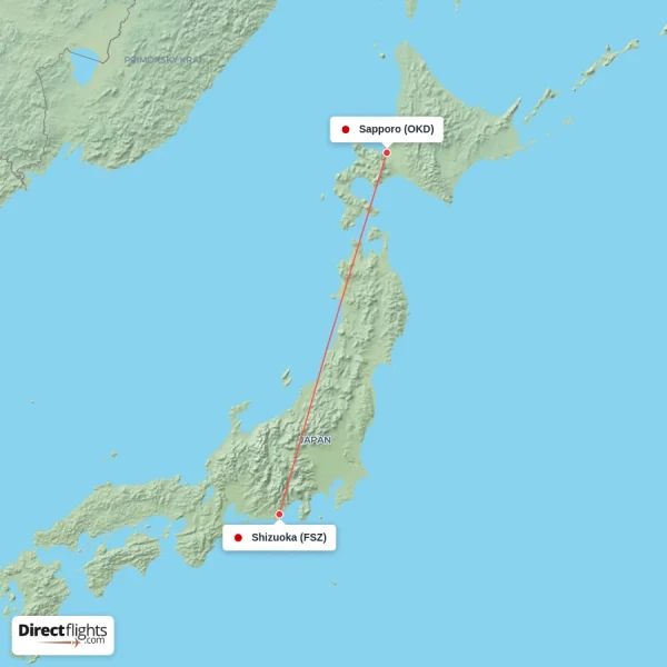 Sapporo - Shizuoka direct flight map