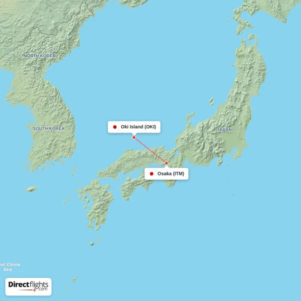 Oki Island - Osaka direct flight map