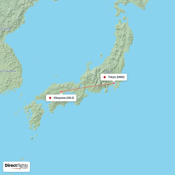 Okayama - Tokyo direct flight map