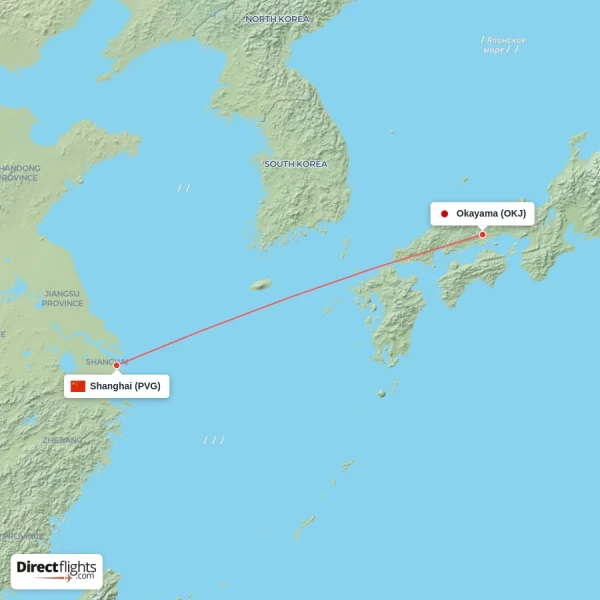 Okayama - Shanghai direct flight map