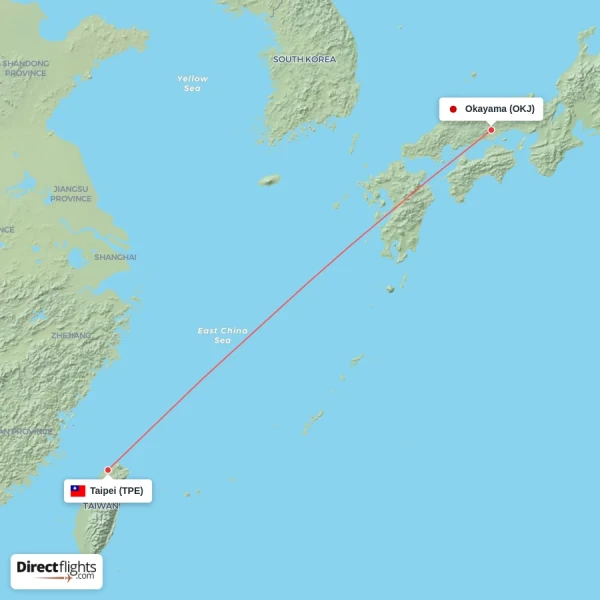 Okayama - Taipei direct flight map