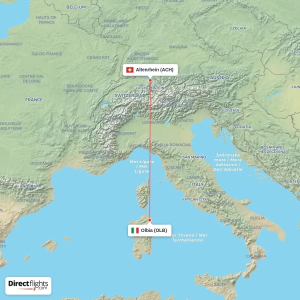 Olbia - Altenrhein direct flight map