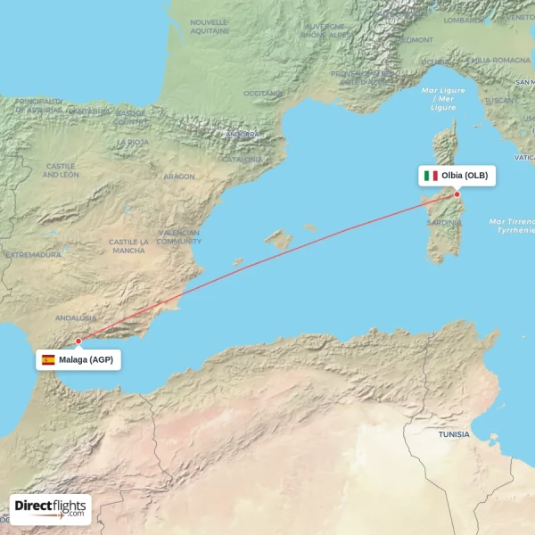 Olbia - Malaga direct flight map