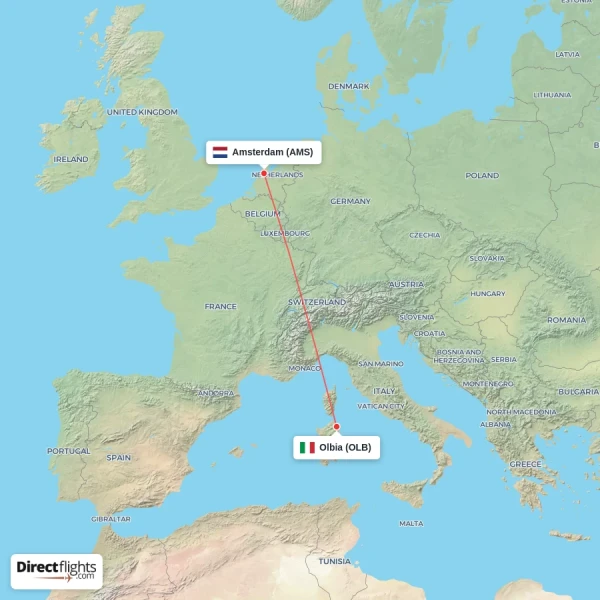 Olbia - Amsterdam direct flight map
