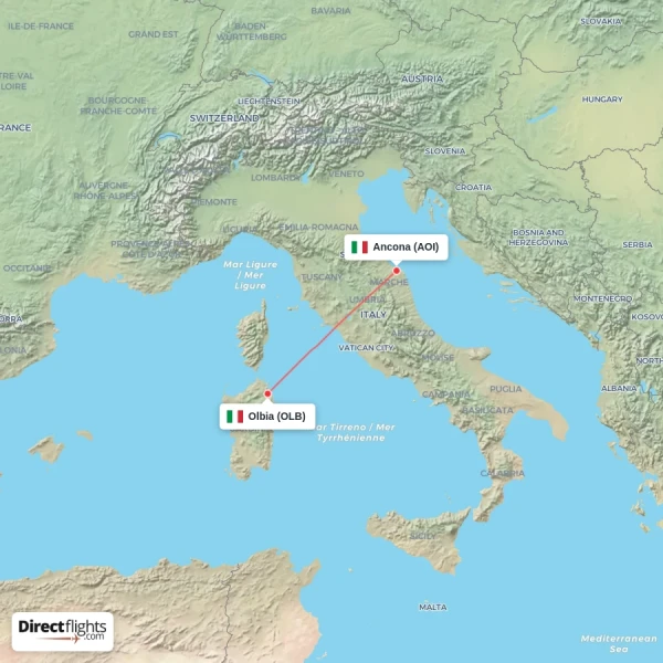 Olbia - Ancona direct flight map