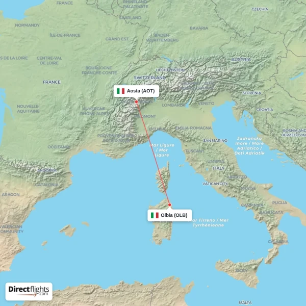Olbia - Aosta direct flight map