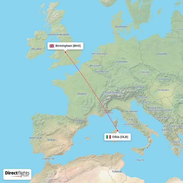 Olbia - Birmingham direct flight map