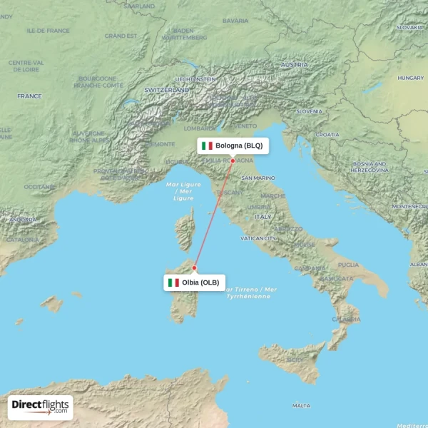 Olbia - Bologna direct flight map