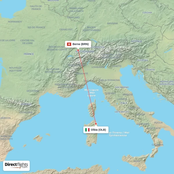 Olbia - Berne direct flight map