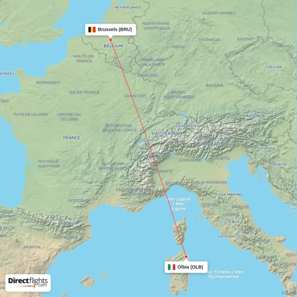 Olbia - Brussels direct flight map