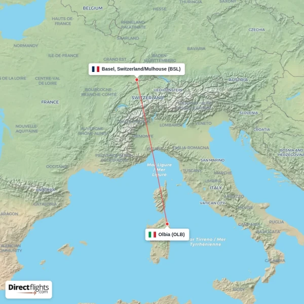 Olbia - Basel, Switzerland/Mulhouse direct flight map