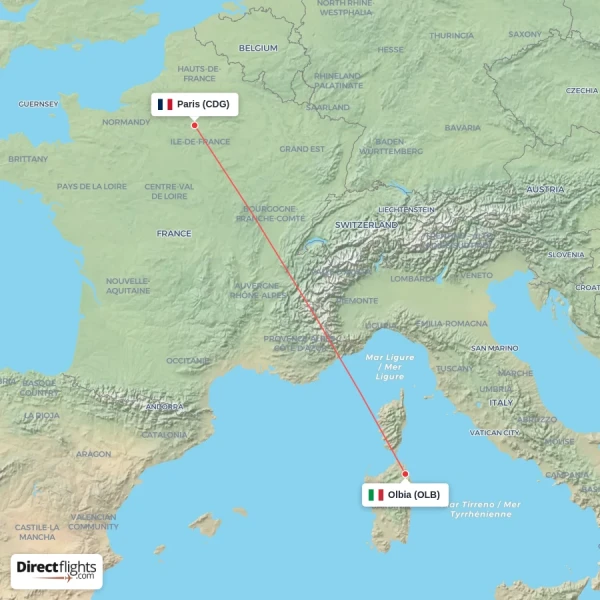 Olbia - Paris direct flight map