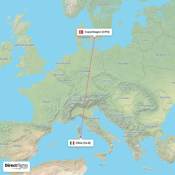 Olbia - Copenhagen direct flight map