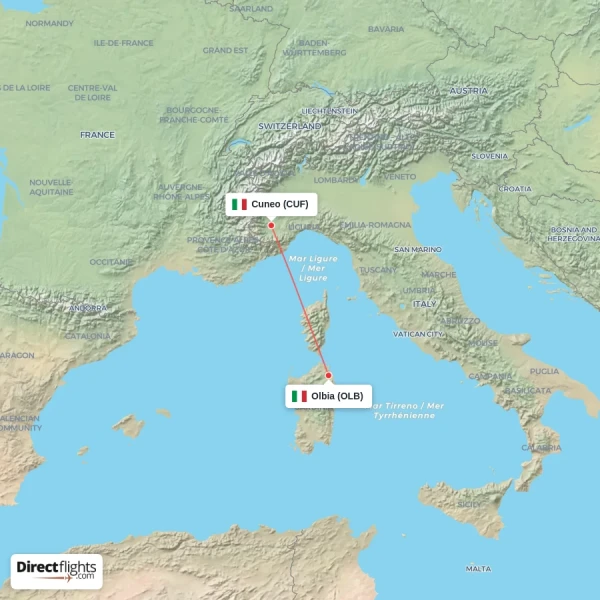 Olbia - Cuneo direct flight map