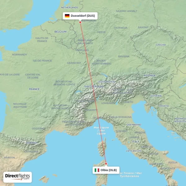 Olbia - Dusseldorf direct flight map