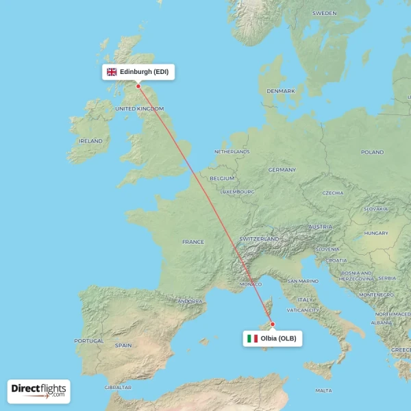 Olbia - Edinburgh direct flight map