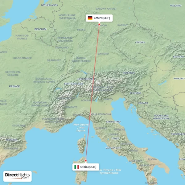 Olbia - Erfurt direct flight map
