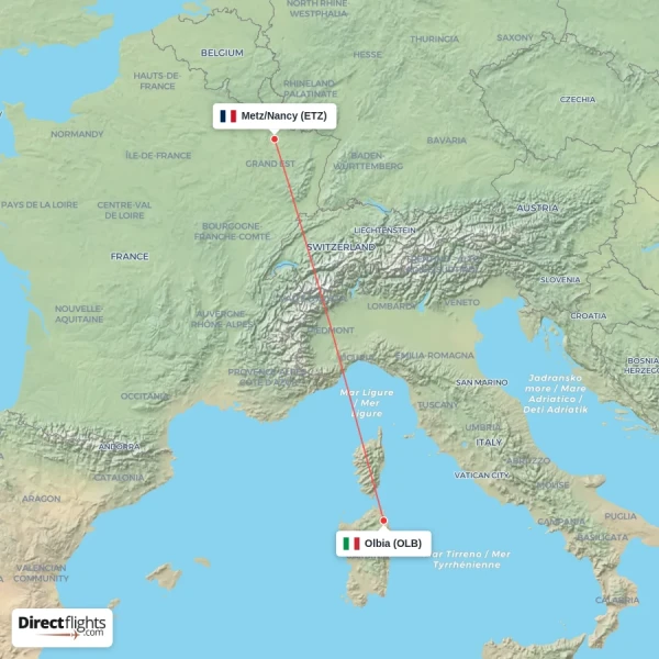 Olbia - Metz/Nancy direct flight map