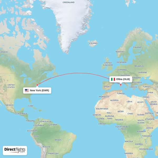Olbia - New York direct flight map