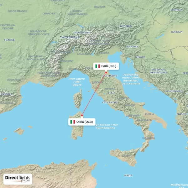 Olbia - Forli direct flight map