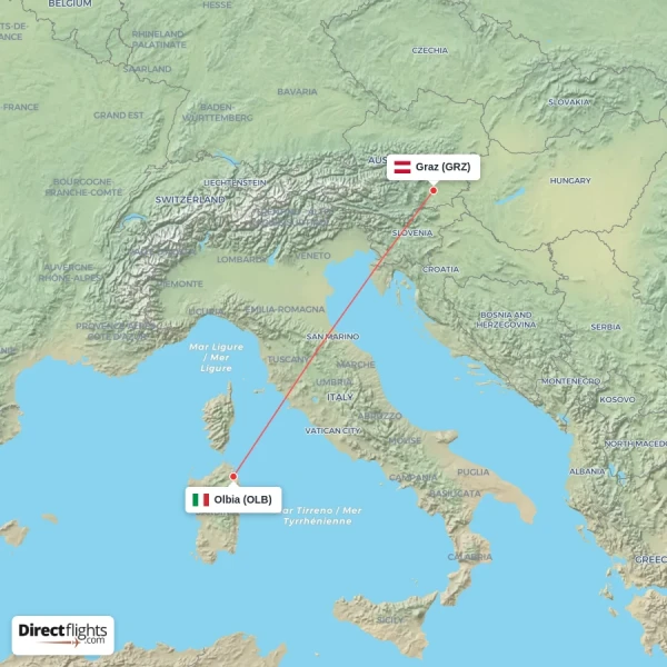 Olbia - Graz direct flight map