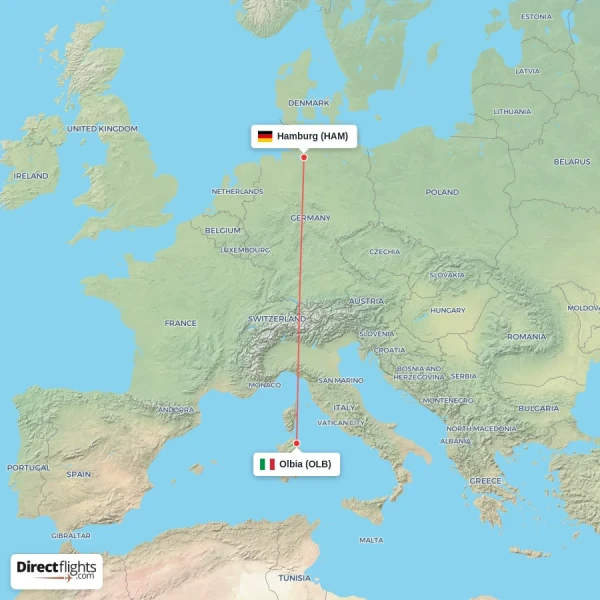 Olbia - Hamburg direct flight map
