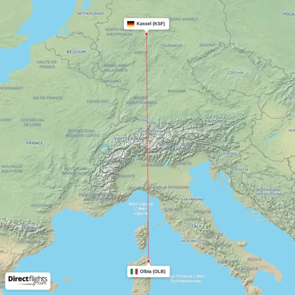 Olbia - Kassel direct flight map