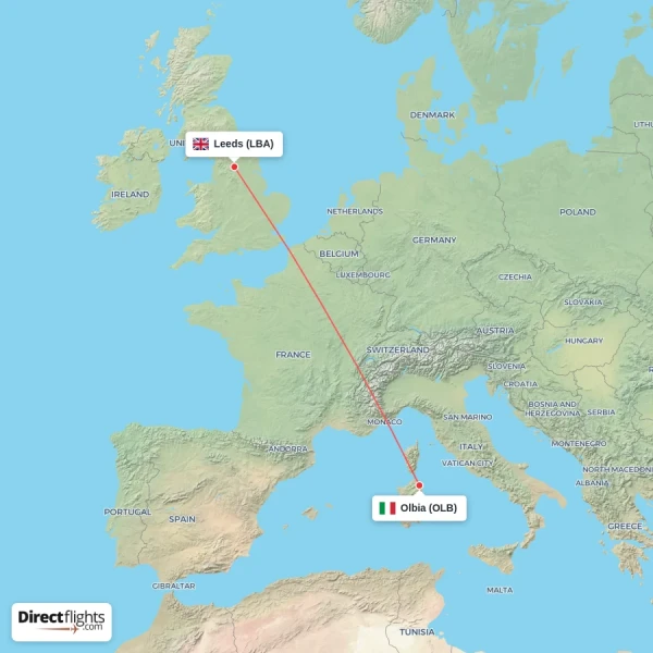 Olbia - Leeds direct flight map