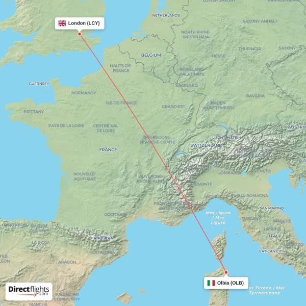 Olbia - London direct flight map