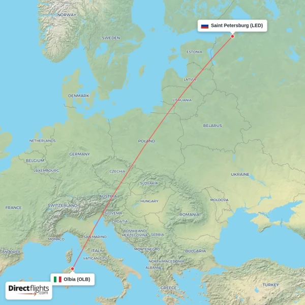 Olbia - Saint Petersburg direct flight map