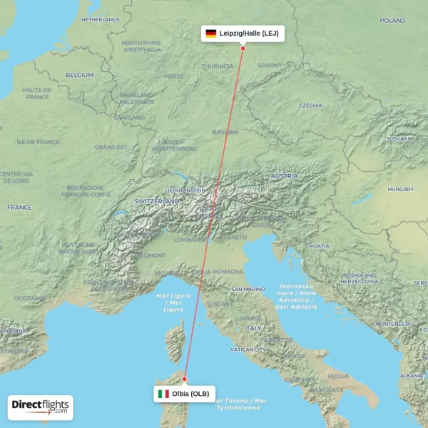 Olbia - Leipzig/Halle direct flight map