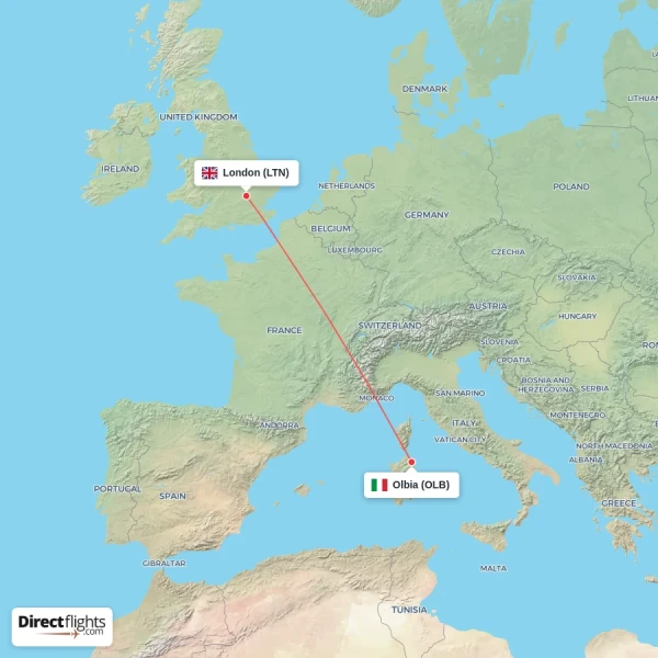 Olbia - London direct flight map