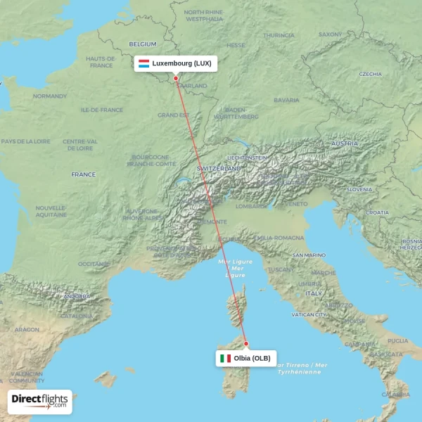 Olbia - Luxembourg direct flight map