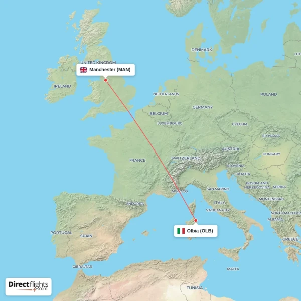 Olbia - Manchester direct flight map