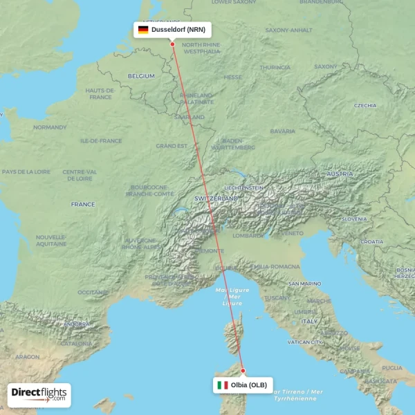 Olbia - Dusseldorf direct flight map