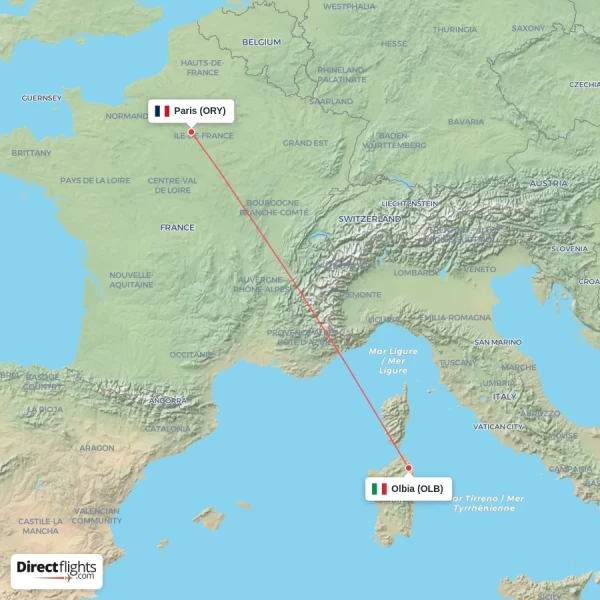 Olbia - Paris direct flight map
