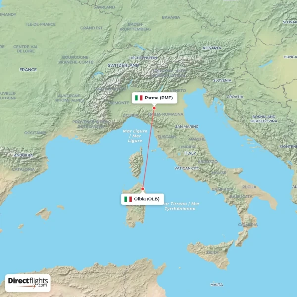 Olbia - Parma direct flight map