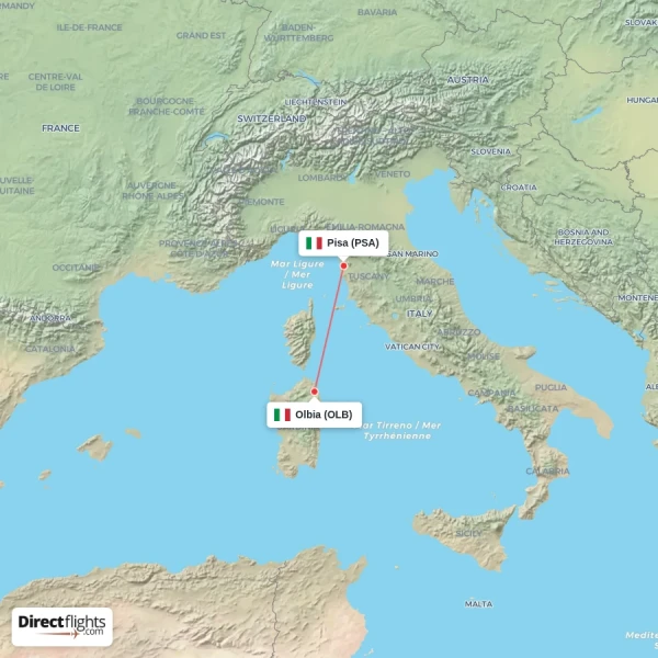 Olbia - Pisa direct flight map