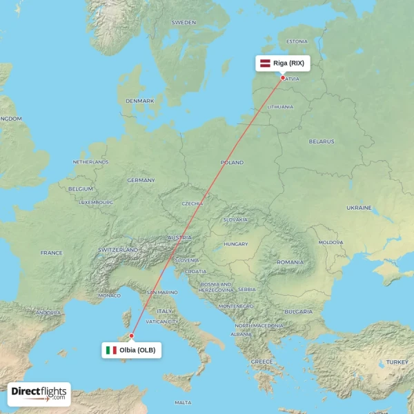 Olbia - Riga direct flight map