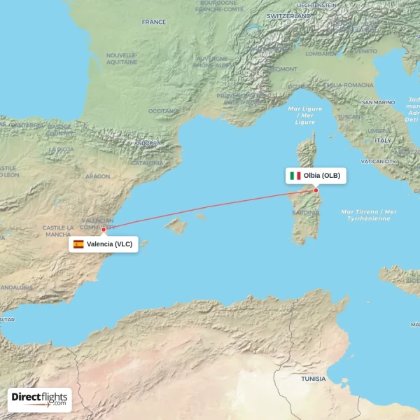 Olbia - Valencia direct flight map