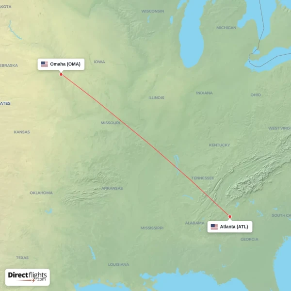 Omaha - Atlanta direct flight map