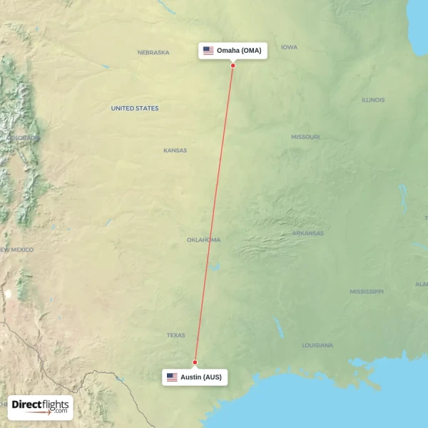 Omaha - Austin direct flight map